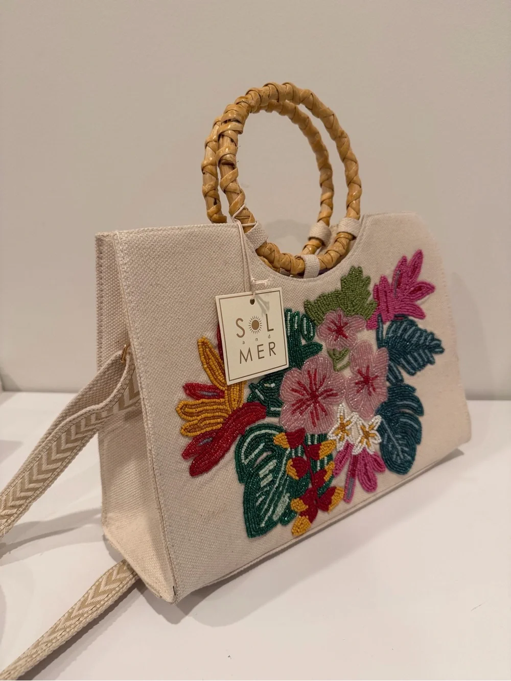 Cream Floral Embroidered Canvas Tote with Woven Handles
